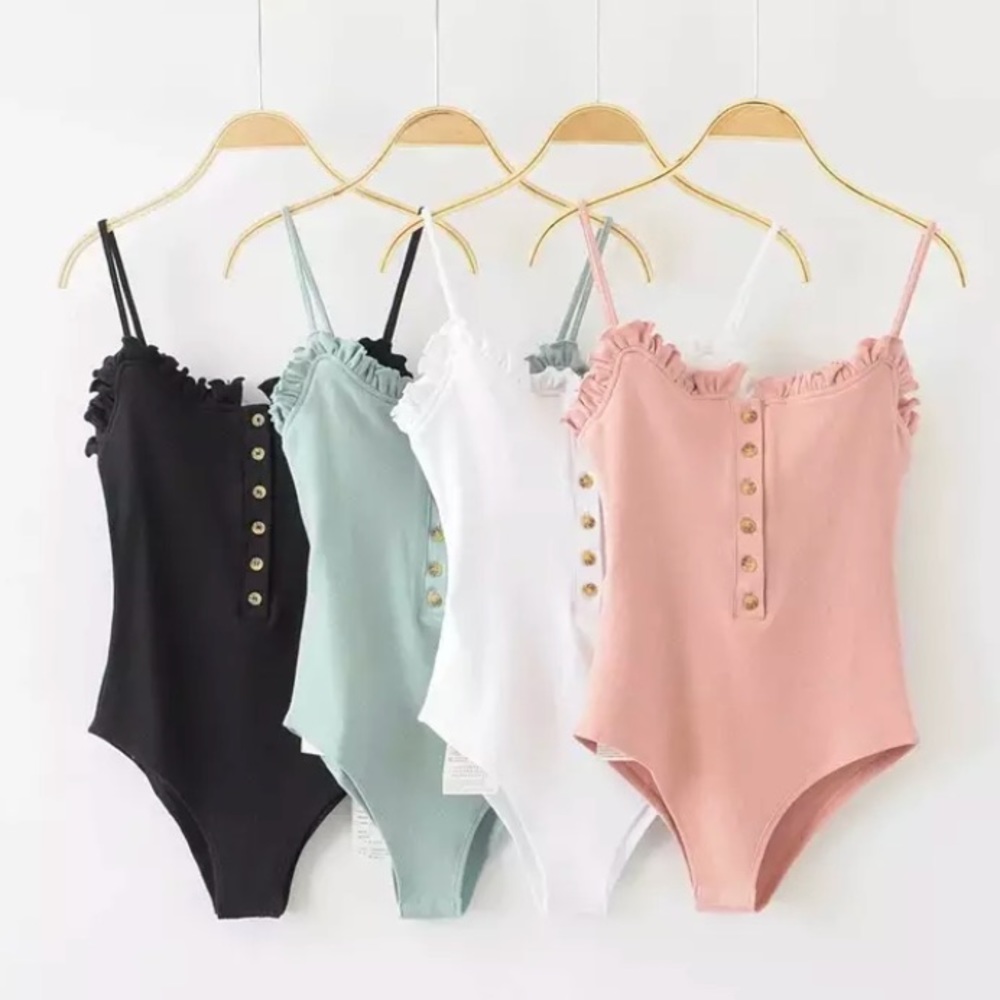 SOLD OUT The Cutest White Ribbed Button Ruffled Bodysuit - Picture 5 of 7